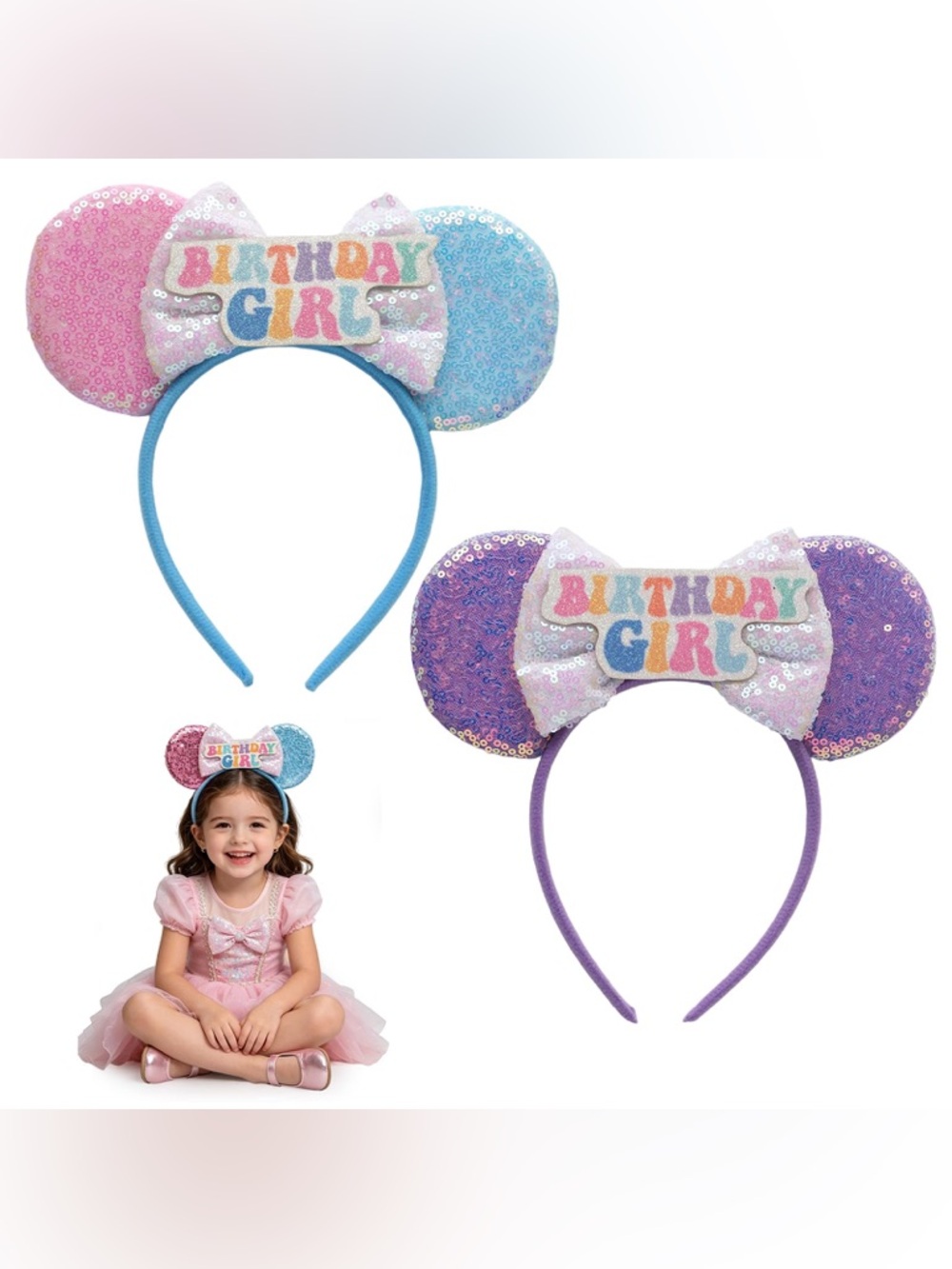 Birthday Girl Sequin Mouse Ear Headbands - Pink/Blue and Purple Options